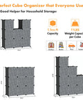 Diagram of Cube Storage Organizer With Doors, 9 Cube Modular Shelves Closet Cabinet in Black, showing dimensions and features.