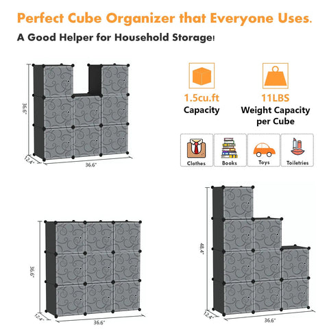 Diagram of Cube Storage Organizer With Doors, 9 Cube Modular Shelves Closet Cabinet in Black, showing dimensions and features.