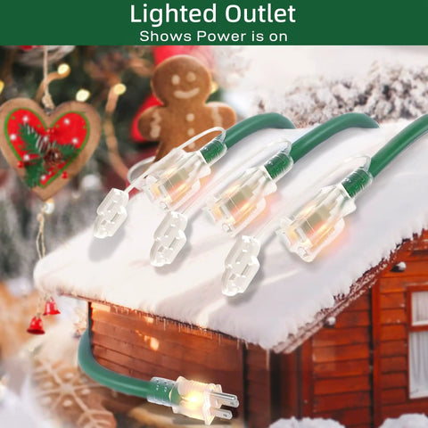 Outdoor Extension Cord 150 Ft With 1 To 3 Splitter, 3 Outlets, 16 AWG, lighted plug, snow-covered cabin background
