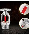 Heavy Duty Copper Fire Sprinkler Head 5 Pack Kit For Emergency Suppression Systems 68 Degree Activation R Half Inch Thread Up Pattern close-up with red glass ampoule.