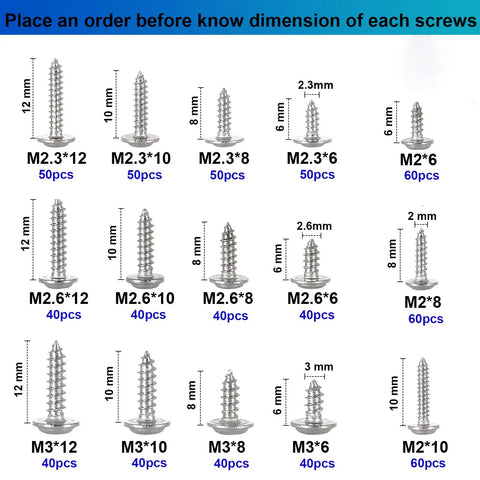 Tiny Phillips Pan Head Self Tapping Screws With Washer 304 Stainless Steel Assortment Kit sizes M2.3 M2.6 M3 displayed