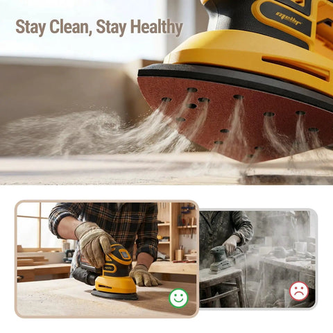 Brushless Cordless Detail Corner Sander Compatible With DeWalt 20V Max Battery Tool Only in action sanding wood with dust extraction.