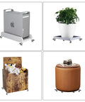 Smooth Riding Low Profile Rubber Casters on a cart holding a computer, plant, toy box, and decorative table.