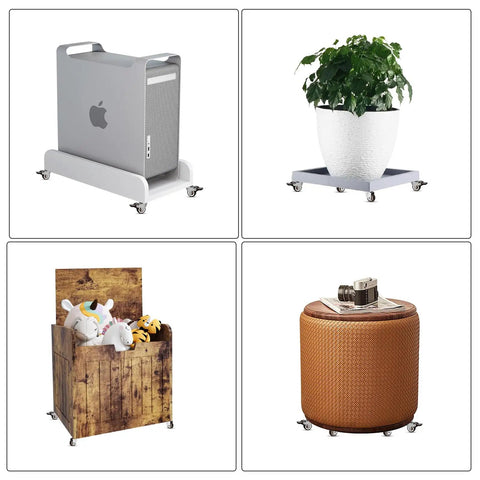 Smooth Riding Low Profile Rubber Casters on a cart holding a computer, plant, toy box, and decorative table.