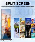 80 Inch Led Digital Signage Display With P1.86 Clarity And Frameless Splicing Setup Includes A Heavy Duty Flight Case As A Twin Pair showing split screen display with various images and videos.