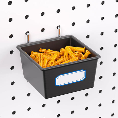 Slick Shop Pegboard Organizer And Hook Lock Kit With Heavy Duty Storage Bins holding yellow fasteners on a pegboard.