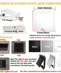 Hella Sturdy Aluminum Drywall Access Panel 16x30 Magnetic Push To Open Inspection Hatch dimensions and color options displayed.