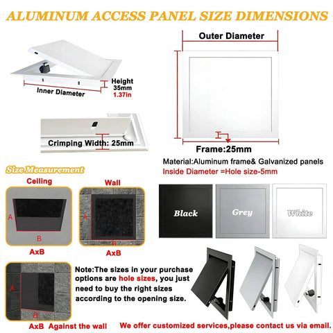 Diagram showing dimensions and sizes of Kickass Heavy Duty Aluminum Access Panel 5x12 Flush Mount Wall And Ceiling Inspector Hatch.