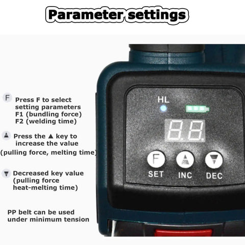 Control panel of Heavy Duty Electric Strapping Tool Tensioner Cutter Binder displaying parameter settings for steel plastic bands.