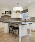 Kitchen with Five Light Traditional Chandelier With White Linen Drum Shade Dope Adjustable Height Oil Rubbed Black Finish Modern Ceiling Light.