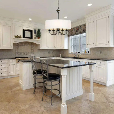 Kitchen with Five Light Traditional Chandelier With White Linen Drum Shade Dope Adjustable Height Oil Rubbed Black Finish Modern Ceiling Light.