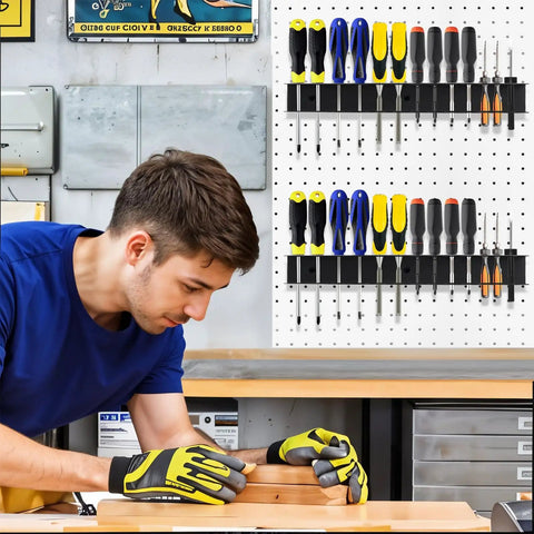 Two Pack Heavy Duty Screwdriver Plier Organizer Wall Mount Rack For Garage And Workshop Metal Tool Holder and Storage Shelf installed and holding tools in a workshop.