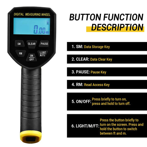Digital Measuring Wheel With 12.5 Inch Wheel, Pro Grade Precision, Switchable Feet And Meters On Digital Display, Folding Roller With Storage Bag For Quick Distance Readings At Worksites And DIY Projects. Handheld control panel with LCD and buttons