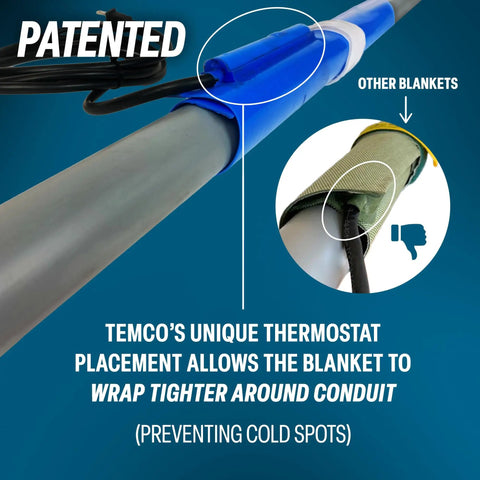 Temco Th4001 PVC Conduit Heat Blanket Bender showing unique thermostat placement for tight wrapping on pipe.