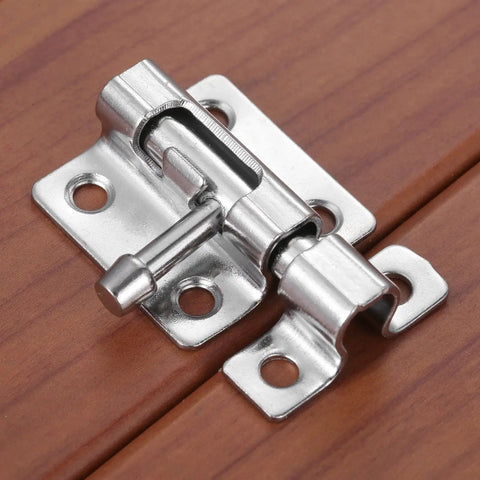 Silver Metal Barrel Bolt Door Latch Set 2 Pack With Screws mounted on wooden surface, close-up view