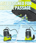 Heavy Duty Submersible Sump Pump 1 HP 4000 GPH Electric Thermoplastic Utility Pump for background particle passage in water.