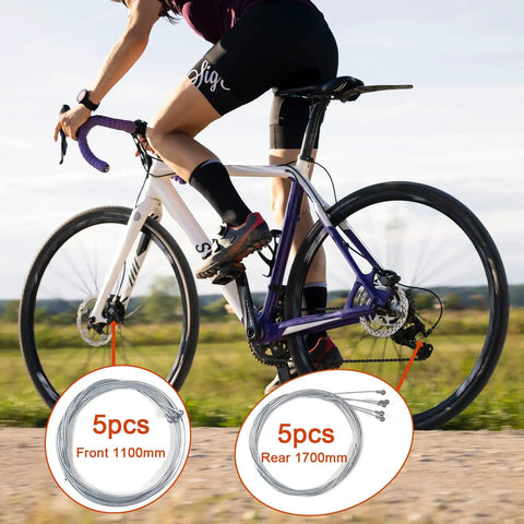 Cyclist riding bike with Ten Piece Go To Bicycle Brake And Derailleur Cable Kit for Road And Mountain Bikes, 5pcs front 1100mm, 5pcs rear 1700mm bundles shown.