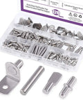 120 Piece Nickel Plated Shelf Pins Kit With Four Styles For Five Millimeter And Six Millimeter Shelf Holes Fits Cabinets And Entertainment Centers Built To Last Durable Cabinet Hardware For Solid DIY Ready Shelf Support displayed in a plastic organizer