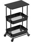 Two Tier Rolling Utility Cart With Wood Top And Lockable Wheels Metal Storage Trolley With Mesh Baskets, Black finish