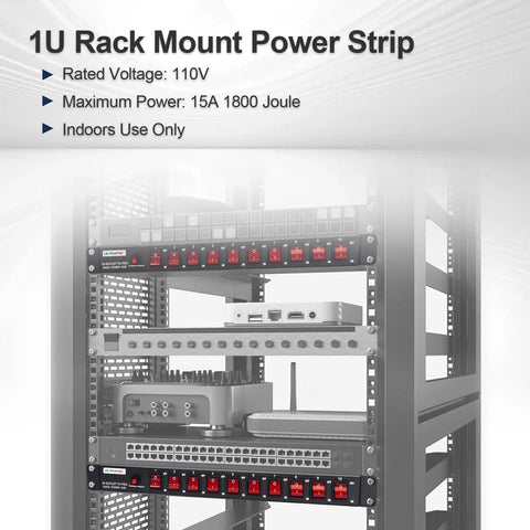 Image of 10 Outlet 1U Rack Mount PDU With Individual Switches Surge Protector 100-240V 15A 1800J Server Grade Power Strip.