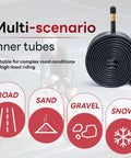Ride Ready 700C Inner Tube Fits 35C To 43C Tires With AV48mm Schrader Valve for various terrains including road, sand, gravel, and snow.