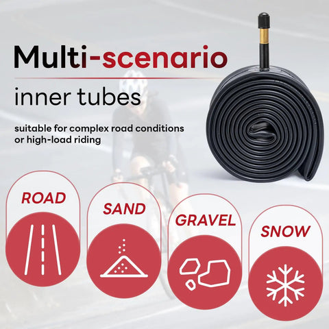 Ride Ready 700C Inner Tube Fits 35C To 43C Tires With AV48mm Schrader Valve for various terrains including road, sand, gravel, and snow.
