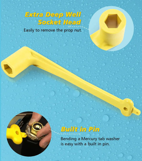 Pro Grade 1-1/16 Inch Boat Prop Wrench highlighting deep well socket head and pin detail on blue background