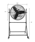 24 Inch Rolling Tilt Fan With 8600 CFM Industrial Airflow, 180 Degree Rotating, on stand with rear wheels, front view