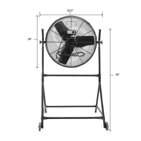 24 Inch Rolling Tilt Fan With 8600 CFM Industrial Airflow, 180 Degree Rotating, on stand with rear wheels, front view