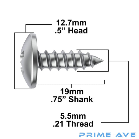 Diagram of stainless steel license plate screw dimensions, highlighting head, shank, and thread sizes, part of eight-pack set for cars.
