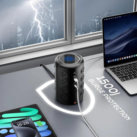 Ultimate Power Tower Surge Protector With 16 Outlets And 5 USB Ports Including 2 USB C 10 Ft Cord 1875W 2000J on desk setup