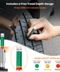 Person using tread depth gauge on tire with scale units shown and colored ranges for safety, warning, and danger categories.