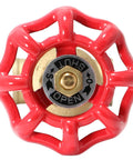 Front view of red 1/2-inch sweat gate valve with brass stem and black dial