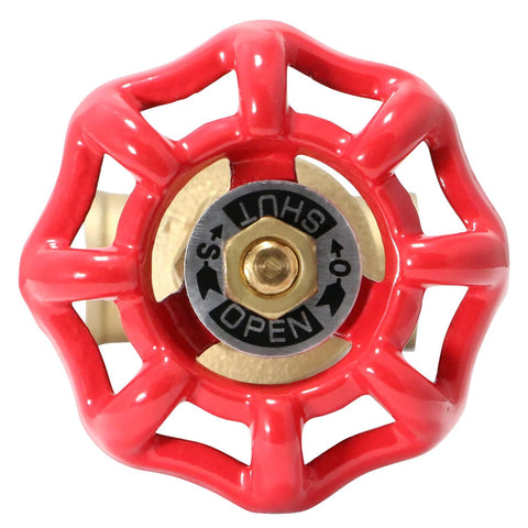 Front view of red 1/2-inch sweat gate valve with brass stem and black dial
