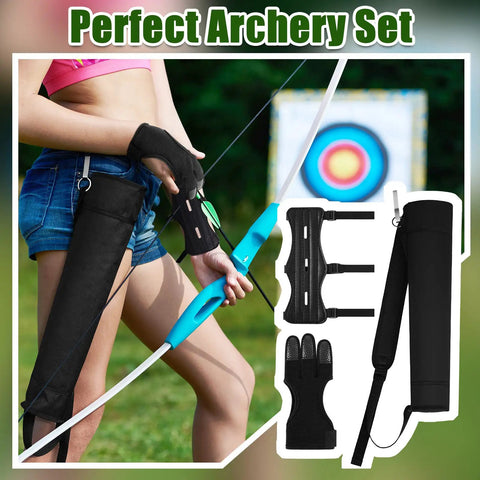 Three Piece Archery Set With Leather Padded Arm Guard Three Finger Hunting Gloves And Quiver Hip Bag for Beginners