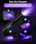 Rechargeable 2-in-1 UV and White Light Flashlight with 395nm UV Black Light illuminating objects for inspection