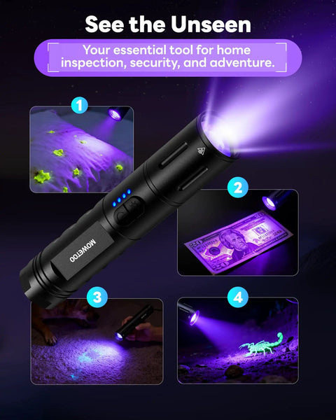 Rechargeable 2-in-1 UV and White Light Flashlight with 395nm UV Black Light illuminating objects for inspection