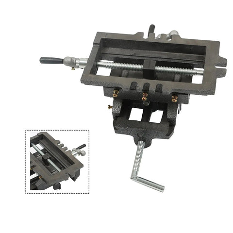 5 Inch Cross Slide Drill Press Vise For Metal Milling With Two Way X Y Movement Built Tough Heavy Duty Clamp Machine Black Finish Ideal For Precision Workpieces And Accurate Drilling., black iron cross slide drill press vise with X-Y movement and handle