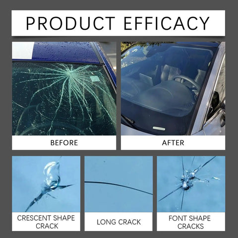 Before and after use of Two Pack Windshield Crack Repair Kit With 2025 Glass Repair Liquid for small cracks and star-shaped damage.