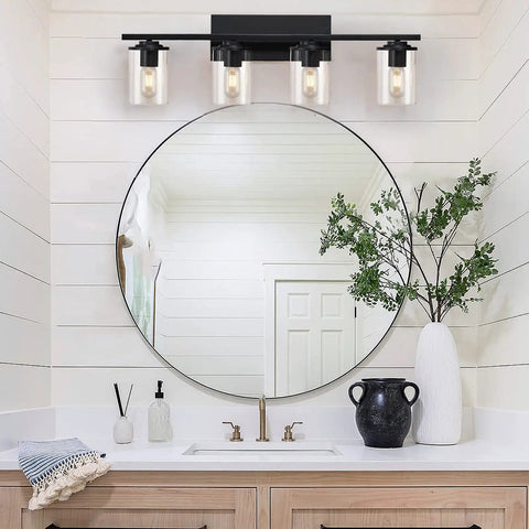 Dope Four Light Matte Black Vanity Lights With Clear Glass Shades for bathroom mirror above white countertop