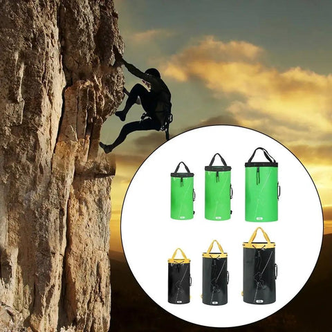 Rock climber at sunset with All In One Climbing Rope Bag 30L 45L 55L Waterproof PVC Coated Polyester Drawstring Backpack shown in green and black