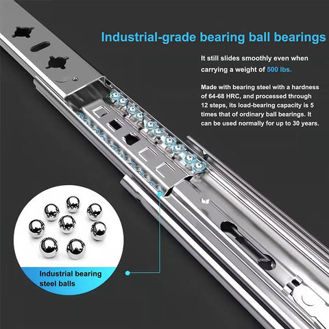 Beefy Heavy Duty Drawer Slides With 500 Lb Capacity, Full Extension Ball Bearing Rails showing industrial-grade steel balls