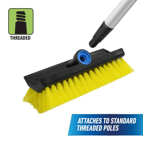 HydroPower 10-Inch Bi-Level Scrub Brush for Tough Grime, Lock-On Outdoor Cleaning Tool with threaded pole attachment feature