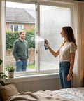 A woman using Frosted Glass Spray 30ml Portable Anti-Glare Privacy Liquid on a window for privacy.