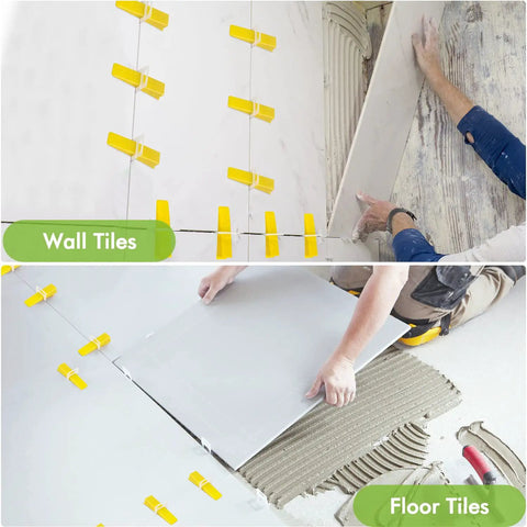 1/8 Inch Tile Leveling Clips Kit 1000pcs Leveler Spacers used for wall and floor tile installation, yellow clips visible.