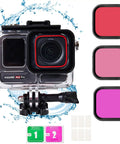 Beefed-Up Waterproof Case For Insta360 Ace Pro With 60m Depth, 3-Pack Dive Filters shown in pink, purple, and blush hues.