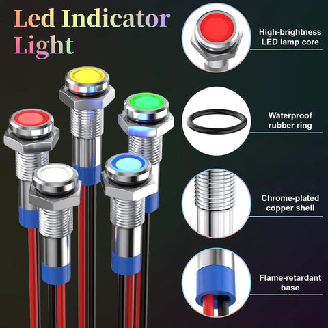 Rugged 12V LED Indicator Light Set Waterproof Metal Flat Head Pilot Lamps With Wire 6mm Mounting Holes for car boat dash