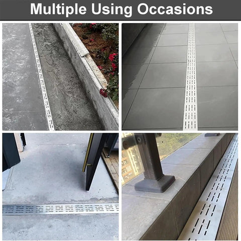 Slim Low Profile Trench Drainage Kit in various outdoor installations including pathways and balconies, stainless steel, heavy duty.