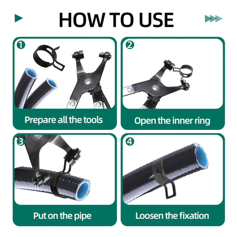 How to use the 227 Piece Spring Band Hose Clamp Kit with swivel flat band, showing steps from preparation to fixation.