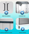 Hella Spacious Three Door Reach In Refrigerator Loaded With Seventy Two Cubic Feet Of Chilling Capacity For Commercial Kitchens showcasing built-in handle, cooling fan, digital display, and break wheel.